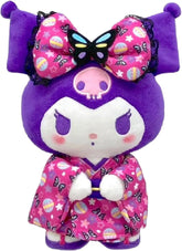 The Purple Butterfly Floral Kimono Kuromi Plushie is a unique addition to Sanrio's limited edition kimono series. Traditional Japanese clothing styles and prints merge with the modern day loveable, sassy character of Kuromi. The lovely gentility of spring exudes in this funky classic.
The combination of deep purple and hot pink compliments each precisely. The black lace-lined bow is topped with a striking butterfly applique. An embroidered skull icon along with pensive facial expression, which shows Kuromi